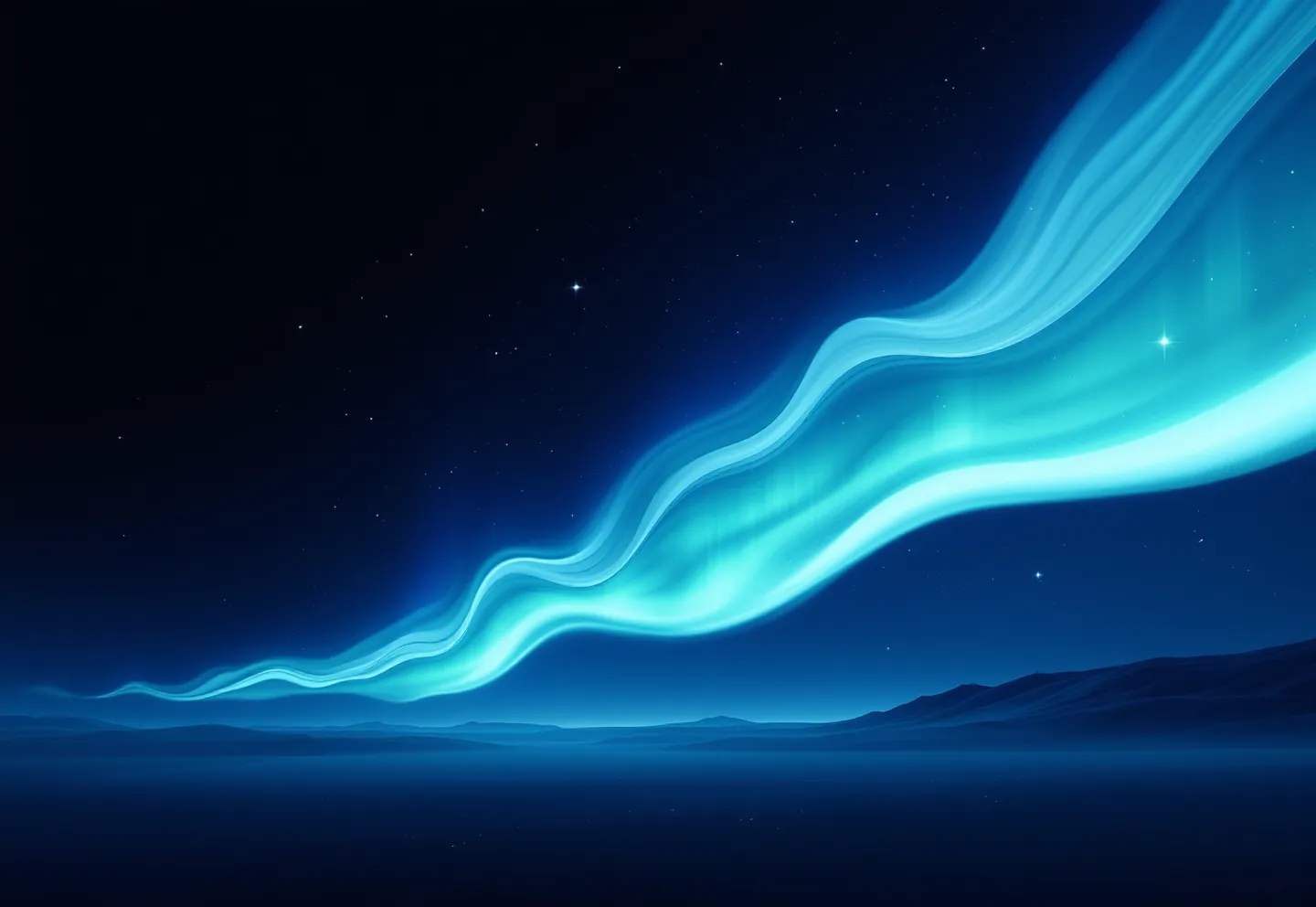 Four distinct flowing aurora bands — teal, green, cyan and violet — drifting across a deep polar-navy sky, the four lights of the KLOW blend, with one region left deliberately dark to mark the missing combination data